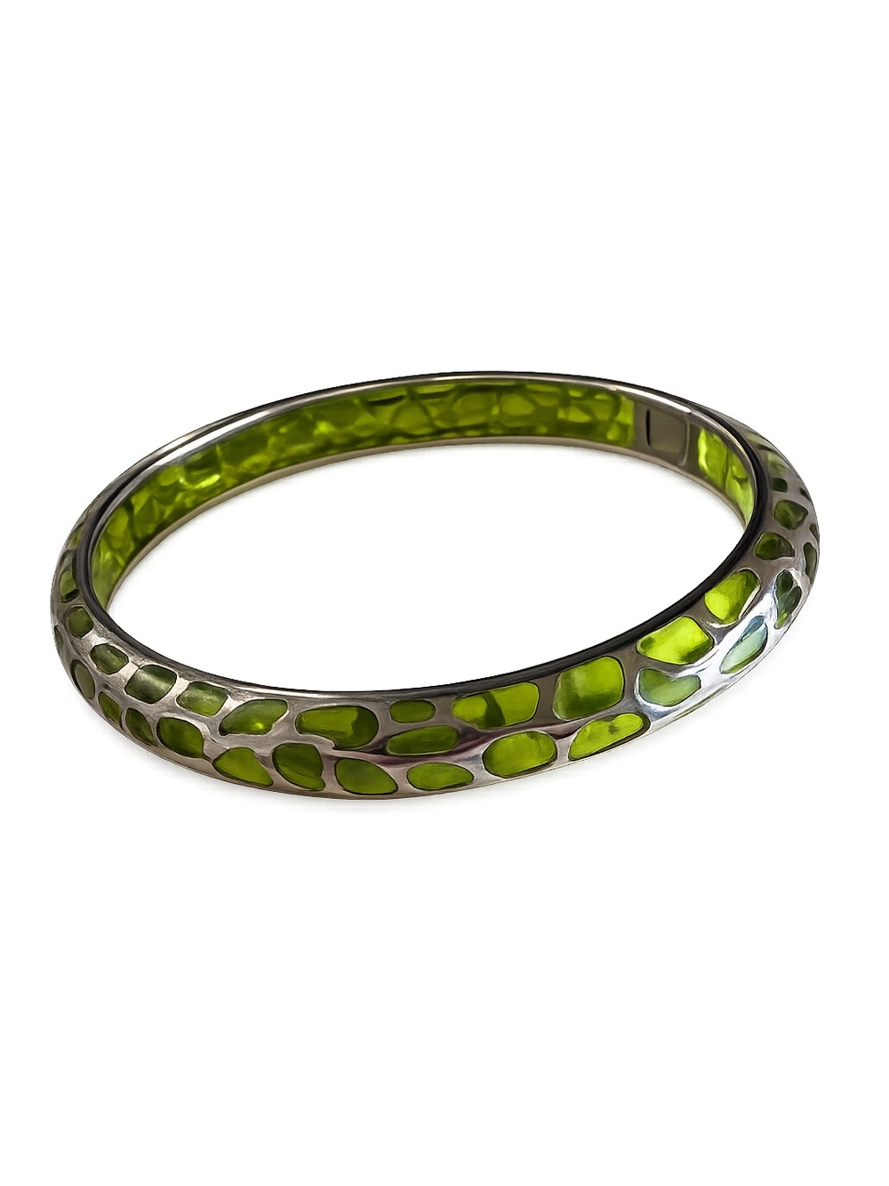Angelique de Paris Sterling Silver Green Lucite Safari Hinged Bangle Bracelet